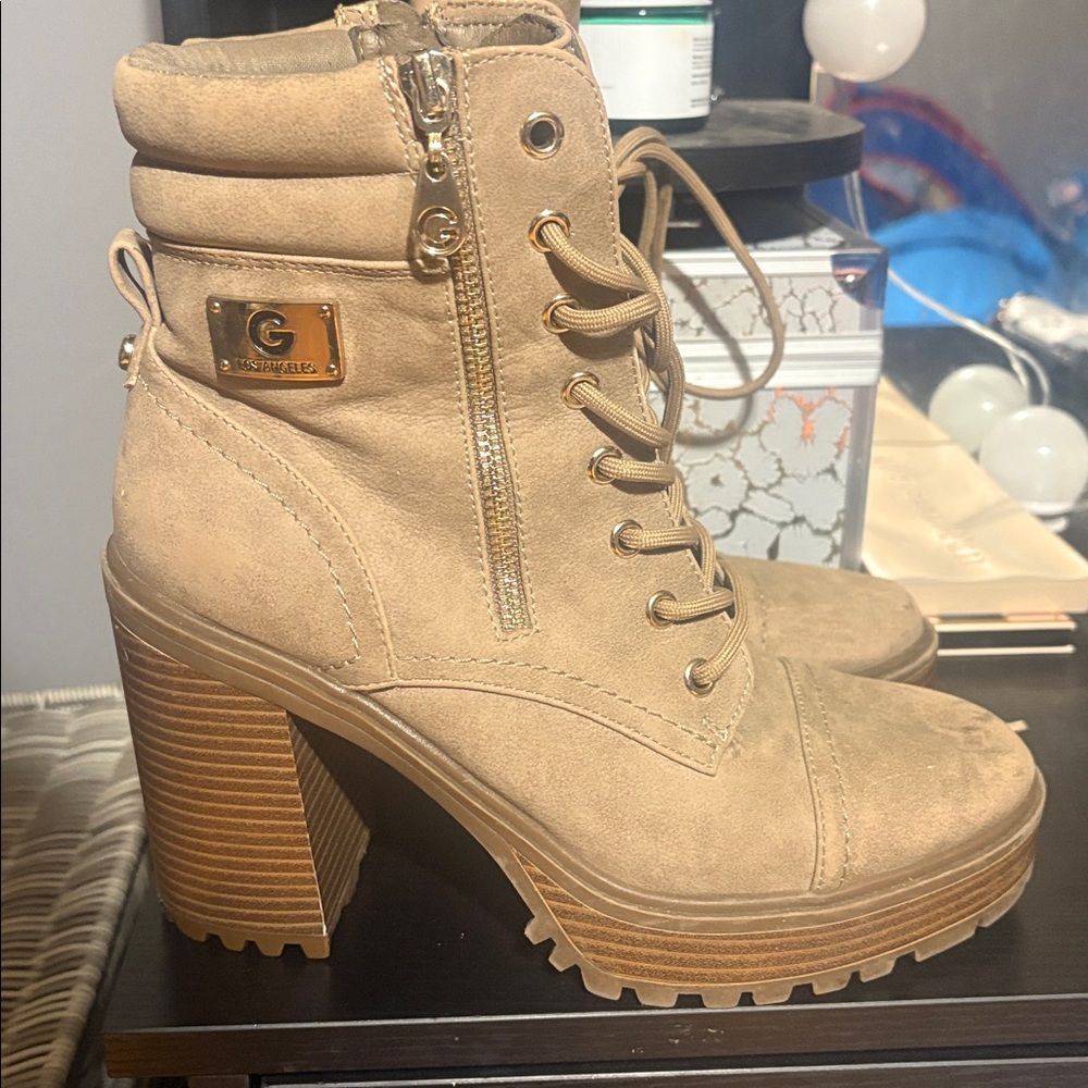 GBG Los Angeles Taupe Chunky Heel Lace Up Boots
